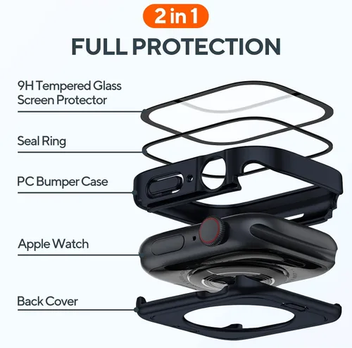 Miniatura 3 de Paquete de 2 fundas impermeables de 2 en 1 para Apple Watch Series 9 8 7 de 41 mm, parachoques frontal y trasero de PC de borde recto con protector