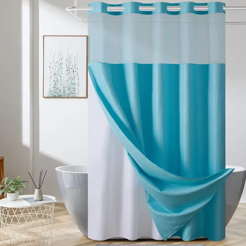 Miniatura 15 de Furlinic - Cortina de ducha para cabina sin ganchos con forro a presión, cortinas de baño de tejido gofre impermeables con ventana superior Beige