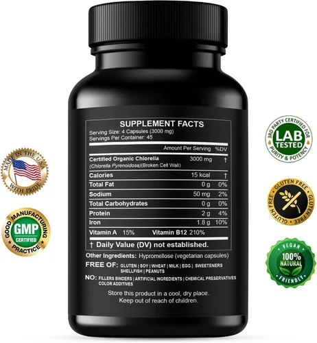 Miniatura 2 de Chlorella Cápsulas 3000 mg – Pared celular agrietada suplemento de algas verdes azules – La mejor limpieza natural de desintoxicación – Vitaminas