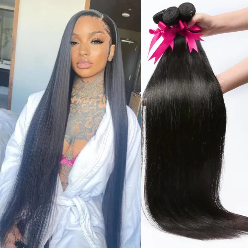 Miniatura 13 de YISEA Paquetes de cabello humano liso con cierre de encaje (12 14 16+10 cierre) Paquetes de cabello humano 3 con cierre de encaje 4x4 100%