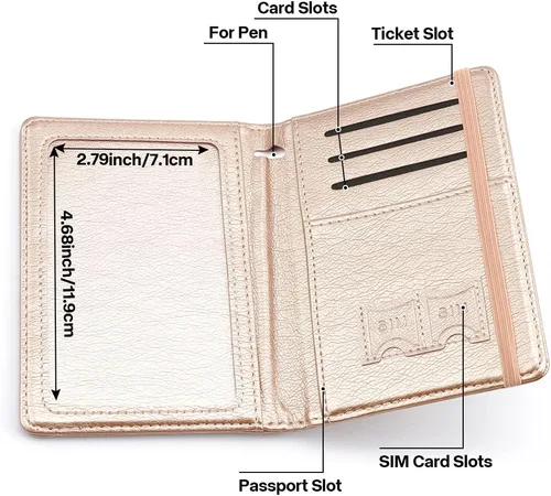 Miniatura 5 de Soporte para pasaporte y tarjetero de vacuna, cartera para pasaporte, funda para pasaporte con bloqueo RFID, Oro Rosa, Compacto