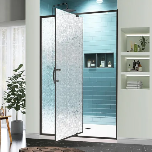 Miniatura 26 de GroGro 56-60" W x 71" H Mampara de ducha giratoria de vidrio semisin marco, vidrio templado transparente de 1/4" (6mm) SGCC, acabado cromo, Cromado
