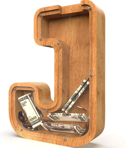 Miniatura 34 de Alcancía para niños y niñas, alcancía grande de madera personalizada con diseño recortado, bancos de monedas con letras del alfabeto, caja de ahorro
