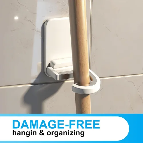 Miniatura 5 de Paquete de 3 soportes de pared para trapeador y escoba, autoadhesivo, sin taladro, agarre de mango de escoba, organizador de limpieza del hogar