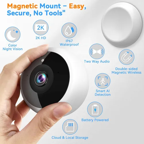 Miniatura 2 de Cámara de seguridad magnética Thybro inalámbrica - Pack de 2 con detección de movimiento AI, video HD 2K, alimentada por batería, facilidad