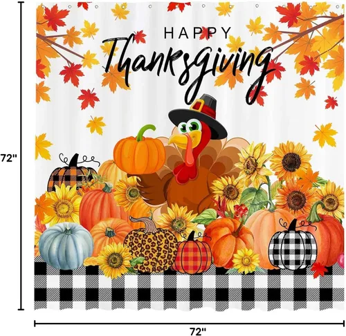 Miniatura 6 de Funnytree Cortina de ducha de 72 x 72 pulgadas para el día de Acción de Gracias, pavo y granja, a cuadros, calabaza, otoño, cosecha, para decoración