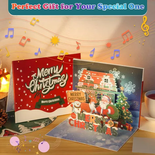 Miniatura 6 de Caffox Tarjeta de Navidad con luces y música, tarjeta de felicitación musical de árbol de Navidad desplegable con sobre, tarjetas divertidas