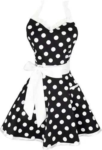 Hyzrz Delantales de cocina retro para mujer, niña, algodón, lunares, cocina, salón, vestido de pinafore delantal vintage, regalo para madres (negro)