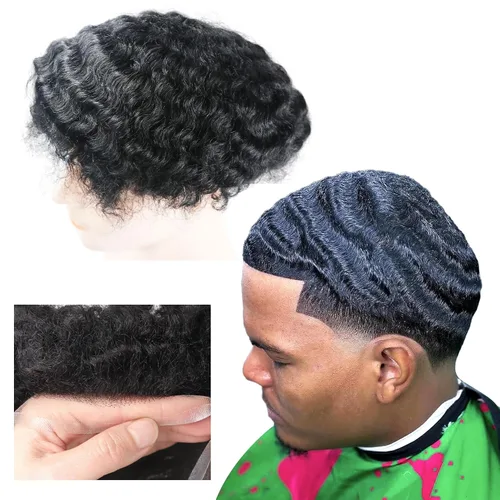 Miniatura 16 de Pelucas Afro Rizadas Toupé para Hombres Pelucas para Hombre Afroamericano Negro Unidad de Cabello Masculino Negro Rizado Afro Tejido Masculino