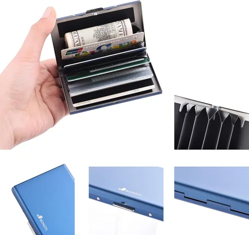 Miniatura 48 de BONSYL® Soporte para tarjetas de crédito, cartera delgada de metal con bloqueo RFID, con 6 ranuras para tarjetas, para mujeres y hombres.