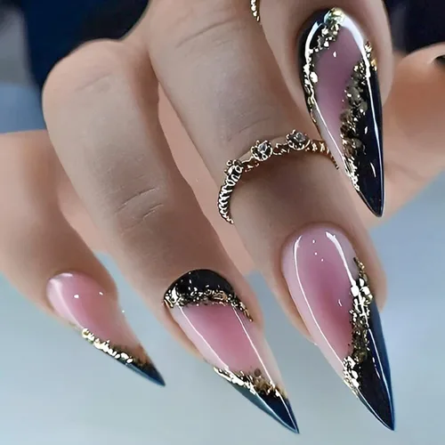 Miniatura 8 de 24 uñas postizas cuadradas medianas a presión, uñas postizas acrílicas artificiales con diseños de plumas doradas, cobertura completa