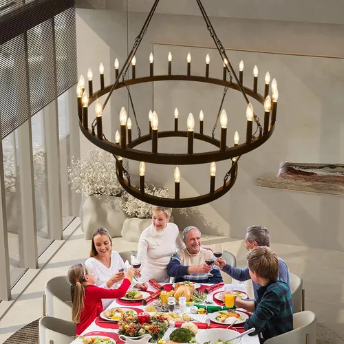 Miniatura 4 de Lámpara de araña de rueda grande de 122 cm de color negro, lámpara de araña de granja industrial de estilo rústico, de 2 niveles, con 36 luces