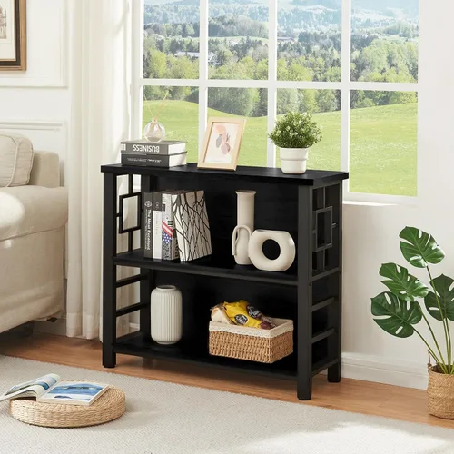 Miniatura 3 de HOMISSUE Estantería para libros, estantería profunda de 3 niveles con almacenamiento, estantería de madera de ingeniería y metal, estantería baja
