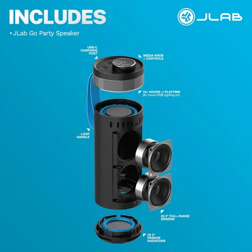 Miniatura 9 de JLab Go Party - Altavoz Bluetooth portátil, color negro medianoche, 10 vatios de potencia, más de 16 horas de reproducción, impermeabilización IP56