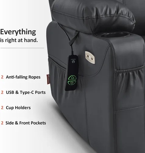 Miniatura 10 de MCombo Power Lift - Silla reclinable para personas mayores, silla elevadora con calor y masaje, certificación FSC, puertos USB, portavasos, piel