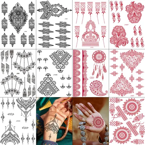 Miniatura 24 de 10 hojas de calcomanías temporales de henna de henna 5P negro + 5P marrón, calcomanías de tatuaje para mujeres, calcomanías de arte corporal para 5