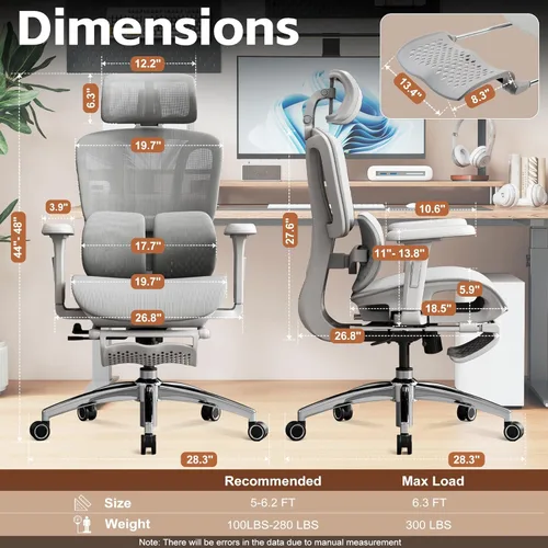 Miniatura 2 de Vonesse Silla de oficina ergonómica con reposapiés, sillas de escritorio con reposacabezas y reposabrazos ajustables 3D, silla de juegos de Gris