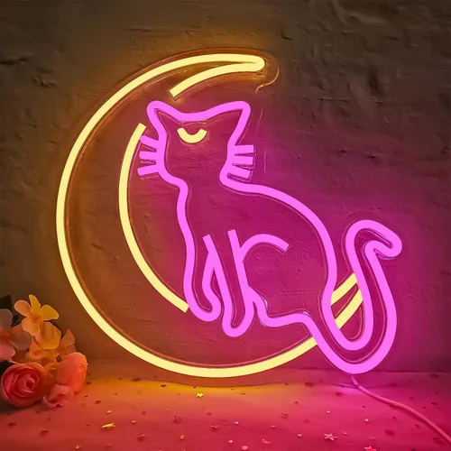 Letreros de Neón de Gato de Anime Japonés Regulables Luces de Neón de Dibujos Animados Luna Letrero de Luz de Neón de Gato Luna Lindos Letreros LED