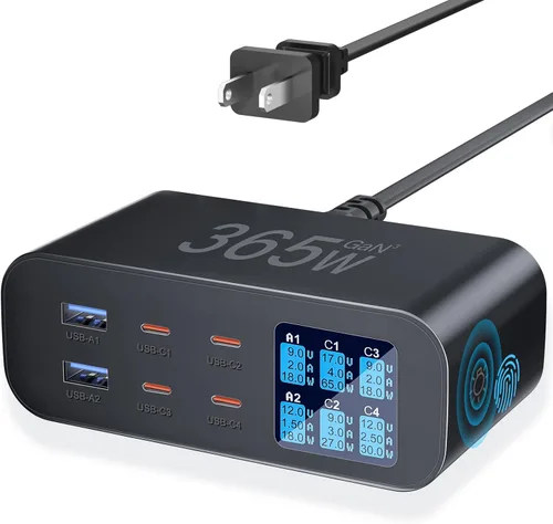 Cargador USB C de 6 puertos con pantalla LED de brillo ajustable, estación de carga USB, cargador rápido multipuerto PD 100 W 65 W QC 3.0 compatible