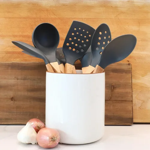 Miniatura 3 de Beille 5 utensilios de cocina de madera de nailon gris oscuro con cucharas de cocina, cucharón de sopa, cuchara espumadera y espátula, 13 pulgadas
