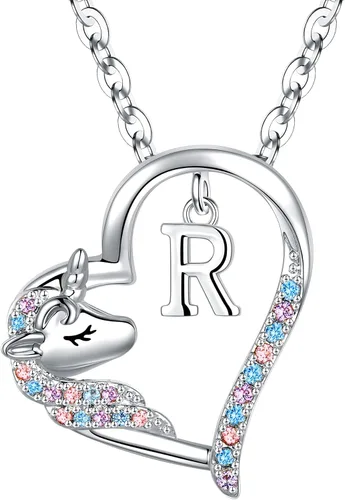 Miniatura 32 de Anoup Collar con inicial de unicornio, chapado en oro de 14 quilates, hipoalergénico con circonita cúbica, colgante de diamante simulado, joyería