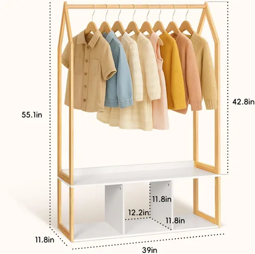 Miniatura 7 de Perchero de madera con almacenamiento, estantes de ropa independientes para colgar ropa perchero para dormitorio, entrada, sala de estar