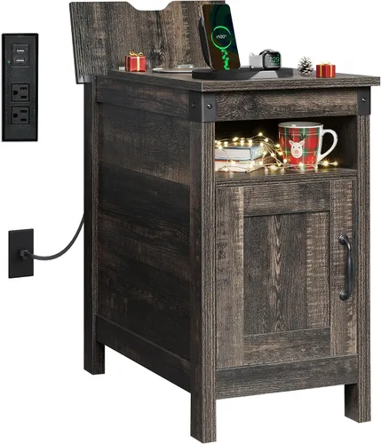 WLIVE - Mesa auxiliar con estación de carga; mesa auxiliar estrecha para sala de estar, mesa de noche de estilo granja con almacenamiento, pequeño