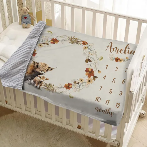 Miniatura 5 de Manta de hito mensual personalizada para bebé, nombre personalizado con fondo de fotografía de diseño de ganado de las tierras altas, manta de felpa