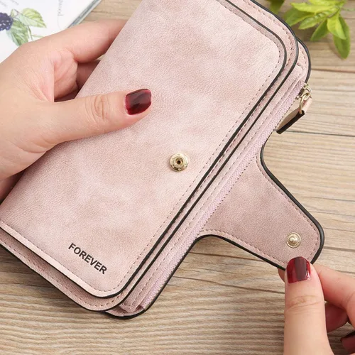 Miniatura 2 de KELEEL Cartera de cuero para mujer, monedero de embrague para tarjetas de crédito, soporte para monedas, plegable, Rosado, Classic