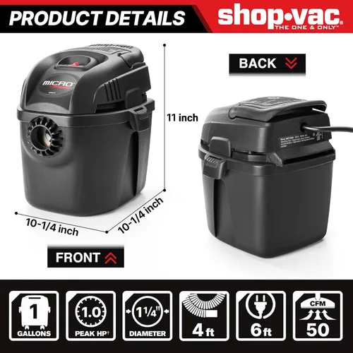 Miniatura 3 de Shop-Vac 2021005 - Aspiradora micro húmeda y seca de 1 galón, 1.0 CV pico, 1.25 pulgadas de diámetro x manguera de 4 pies, 6 cables de alimentos