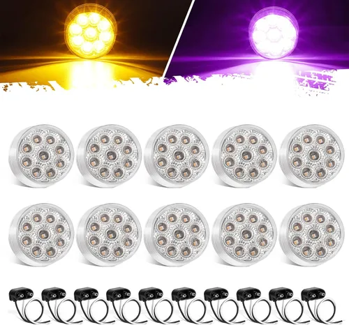 Miniatura 8 de Partsam 10 luces marcadoras redondas de doble revolución de 2 pulgadas, 9 LED, luces laterales ámbar a luces auxiliares azules para camión de ámbar