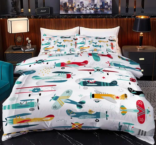 Miniatura 11 de Yasida Juego de edredón de avión para niños, tamaño individual, juego de ropa de cama de avión de dibujos animados coloridos para niños