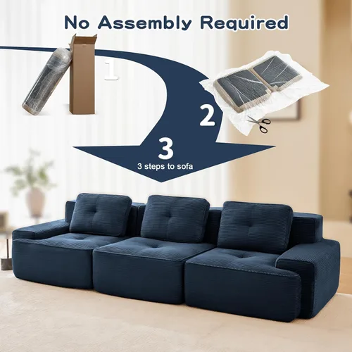 Miniatura 8 de Sofá seccional modular comprimido sin estructura de 117", sofás seccionales de 3 plazas para sala de estar, sofá seccional modular de pana azul