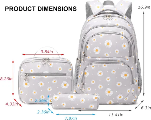 Miniatura 23 de goldwheat Mochilas impresas margaritas con paquete de almuerzo, estuche de lápices 3pcs, bolsa ligera resistente al agua para la escuela secundaria