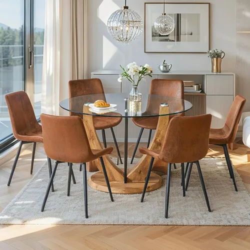 Miniatura 34 de Juego de mesa de comedor redonda para 4, mesa moderna de 48" con tapa de mármol sintético falso y pedestal brillante negro, juego de mesa de cocina