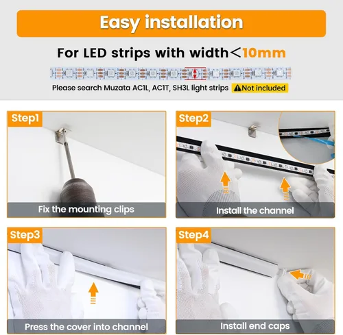 Miniatura 6 de Muzata Paquete de 10 canales LED en forma de V de 6.6 pies/6.6 ft con canal LED de aluminio negro LED difusor canal con cubierta blanca lechosa