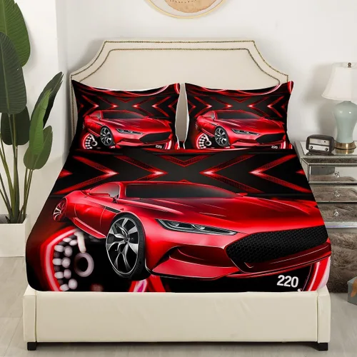 Miniatura 4 de Erosebridal Sábana bajera para cama de auto de carreras roja, sábana bajera ajustable para niños, adolescentes, dormitorio, 3 piezas, para deportes