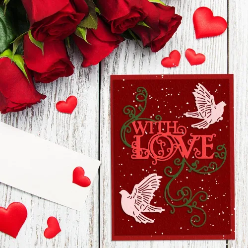Miniatura 5 de Troqueles de metal con palabras de amor para hacer tarjetas, marco de encaje de flores, fondo de paloma, troqueles de corte para decoración