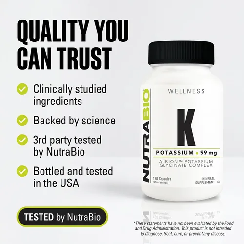 Miniatura 6 de NutraBio Complejo de potasio, suplemento de potasio para un corazón, huesos, músculos y digestión saludables, 99 mg - 120 cápsulas vegetales