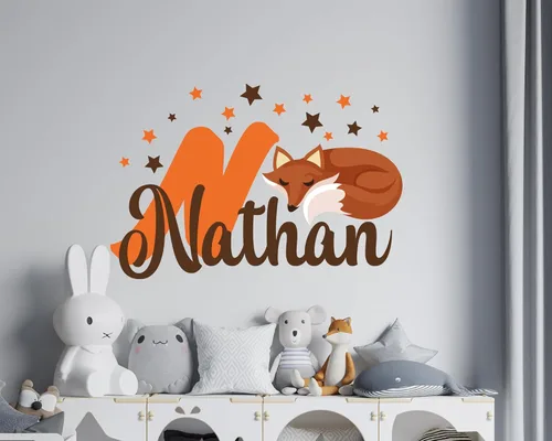 Boy name wall decal for kids room decor, cute sleeping fox vinyl sticker, woodland animal nursery decor, colored fox nursery decor boy's, custom