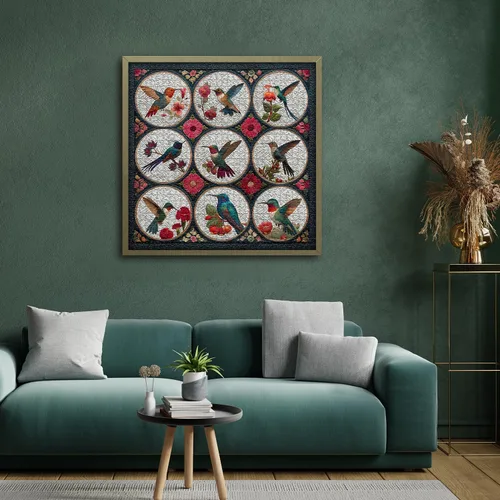 Miniatura 3 de Rompecabezas de colibrí para adultos de 1000 piezas, rompecabezas de flores de pájaros, arte de retazos, rompecabezas de edredón floral