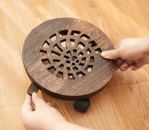 Miniatura 3 de Carrito de madera para plantas, carrito rodante resistente con ruedas giratorias, soporte móvil para macetas, estante redondo para plantas