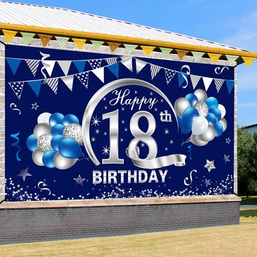 Miniatura 3 de Cartel de cumpleaños número 18 azul y plateado para hombres y niños, suministros de fiesta de telón de fondo de feliz cumpleaños de 18 años, póster