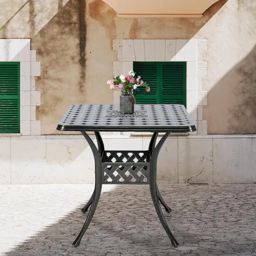 Miniatura 7 de Mesa de comedor al aire libre de 30.5 pulgadas, cuadrada, para patio, mesa de bistró, de aluminio fundido de bronce, mesa grande rústica con agujero
