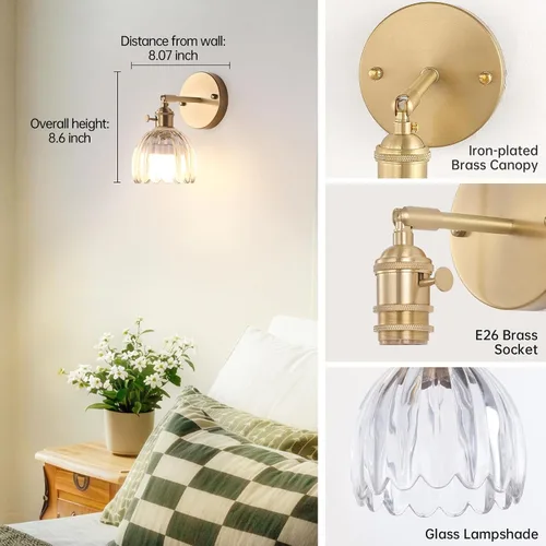 Miniatura 4 de Shenmoyl Candelabro de Pared Vintage Operado por Batería con Linda Lámpara de Vidrio Transparente de Tulipán, Luz de Pared Recargable Inalámbrica