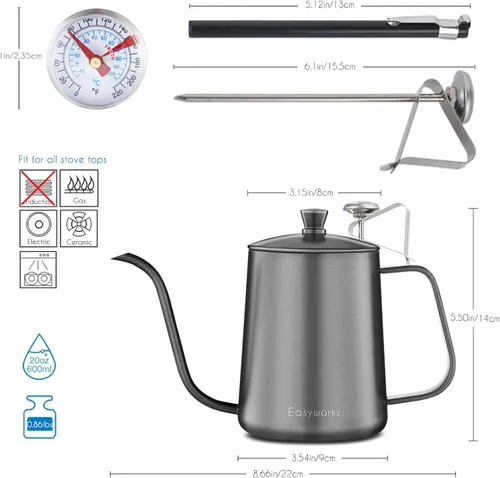 Miniatura 3 de Easyworkz Gage - Hervidor de café de cuello de cisne de 20 onzas con termómetro de acero inoxidable con boquilla larga y estrecha Negro