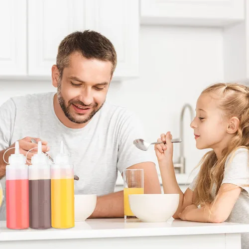 Miniatura 6 de Xinnun 24 botellas de plástico para exprimir condimentos, a prueba de fugas, botellas multiusos con tapa superior giratoria para salsas, ketchup