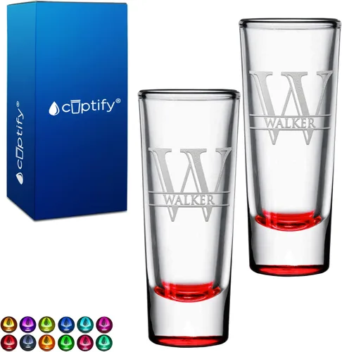 Miniatura 78 de Vaso de chupito personalizado con fondo verde azulado personalizado de 2 oz, vasos de chupito cordial con inicial en script dividido y nombre