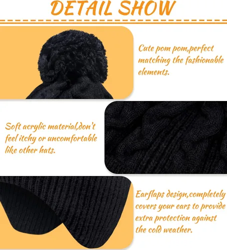 Miniatura 3 de KMOLY Gorro de punto de invierno para mujer con pompones, gorro de calavera cálido con solapas para las orejas para mujer