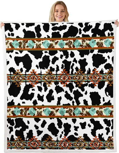 Miniatura 35 de Erosebridal Manta de forro polar de piel de vaca con estampado de leopardo marrón, manta occidental de 50 x 60 pulgadas, manta con estampado de vaca